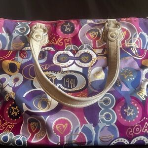 Coach Purple & Pink Graphic Tote with Gold Handles